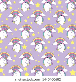 cute unicorns cartoons patterns with rainbow and clouds vector illustration