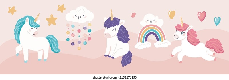 Cute unicorns with clouds and rainbow. Kid nursery mural wallpaper. Vector hand drawn illustrations