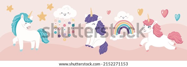 Cute unicorns with clouds and rainbow. Kid nursery mural wallpaper. Vector hand drawn illustrations