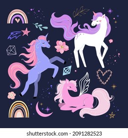 Cute unicorns collection and rainbow in boho style. Vector illustration for t-shirt design, nursery for kids