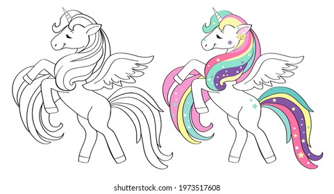 Cute unicorns in color and black and white on a white background isolated. Vector illustration coloring book for children