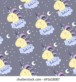 Cute unicorns. Colored doodle vector seamless pattern. Dark background