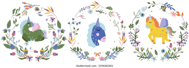 Cute Unicorns with colorful flowers and leaves around. Magical horses in different poses. Fantastic Unicorn. Fairy composition for your design. Vector illustration.
