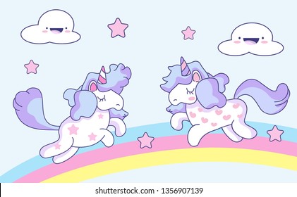 Cute Unicorns with colorful rainbow, pastel background. fantasy fairy tale concept.