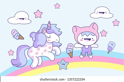 Cute Unicorns with colorful rainbow,pastel background.fantasy fairy tale concept.confetti and other elements.cute cartoon style.for paint,fabric clothes,poster,greeting card,party,banner.vector