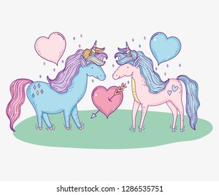 cute unicorns couple with hearts and arrow