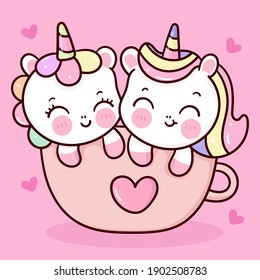 Cute Unicorns couple vector in cup sweet pony cartoon pastel background Valentines day lover: Series fairy tale characters kawaii animals horse (flat Girly doodles). Perfect Nursery children, kids.