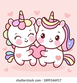 Cute Unicorns Couple Vector With Heart Sweet Pony Cartoon Pastel Background Valentines Day Lover: Series Fairy Tale Characters Kawaii Animals Horse (flat Girly Doodles). Perfect Nursery Children, Kid.