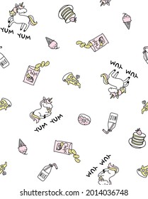 Cute unicorns, desserts and food elements seamless pattern background
