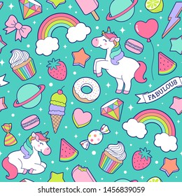 Cute unicorns, desserts and girl's elements seamless pattern background.