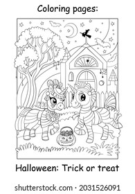 Cute unicorns in Egyptian mummy costumes in night forest. Halloween concept. Coloring book page for children. Vector cartoon illustration. For coloring book, education,print,game, decor, puzzle,design