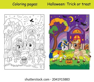 Cute unicorns in egyptian princess and mummy costumes. Halloween concept. Coloring book page for children with colorful template. Vector cartoon illustration. For education, print, game, puzzle,design