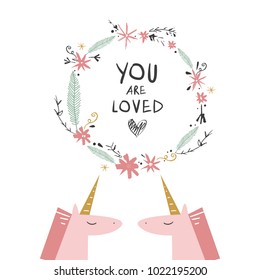 Cute unicorns. Fairy tale type kids poster, template. Hand drawn boho frame. Decor elements, postcard, sticker, card for social networks and for printing. Vector, clip art. Isolated. 