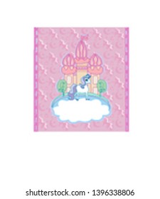 Cute unicorns and fairy-tale princess castle frame