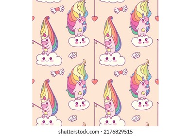 Cute Unicorns Fishing on Kawaii Clouds Pattern