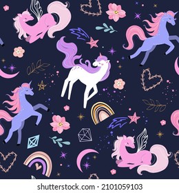 Cute unicorns, flowers and rainbow in boho style seamless pattern. Vector illustration for t-shirt design, nursery for kids