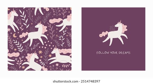 Cute unicorns, flowers and stars.Colorful seamless pattern in cartoon flat style