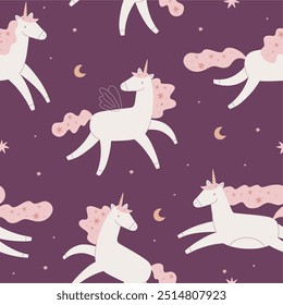 Unicórnios bonitos, flores e estrelas.Padrão colorido sem emenda no estilo de desenho animado plano