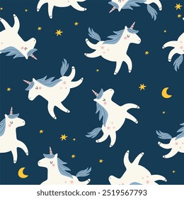 Cute unicorns, flowers and stars.Colorful seamless pattern in cartoon flat style