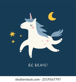 Cute unicorns, flowers and stars.Colorful vector print in cartoon flat style