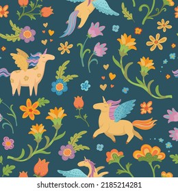 Cute unicorns and flowers.Color pattern