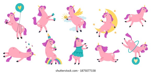 Cute unicorns. Funny hand drawn unicorns, magic fairytale unicorn mascots. Pink little baby unicorns vector illustrations. Sweet character pony, majestic animal drawing