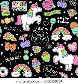 Cute unicorns , girl's elements and inspiration quotes seamless pattern on black background.