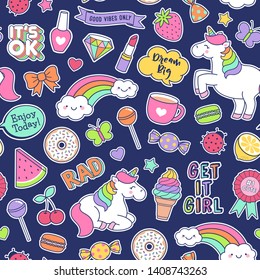 Cute unicorns , girl's elements and inspiration quotes seamless pattern background.