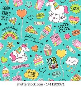 Cute unicorns , girl's elements and inspiration quotes seamless pattern background.