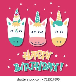 Cute unicorns. Greeting card with a happy birthday. Vector illustration