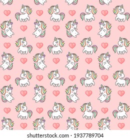 Cute Unicorns and Hearts Seamless Pattern on Pink Background. Vector