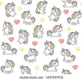 Cute Unicorns and Hearts Seamless Pattern on White Background. Vector