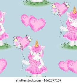 cute unicorns holding balloons illustration seamless patterns