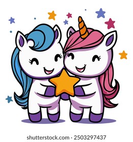 Cute Unicorns Holding Star, Ideal for Fantasy and Magical Themes - Flat Vector Illustration
