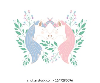 cute unicorns kissing with flowers characters