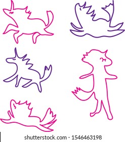 Cute unicorns line icons. Set. Drawing vector illustration. Isolated elements on white background.