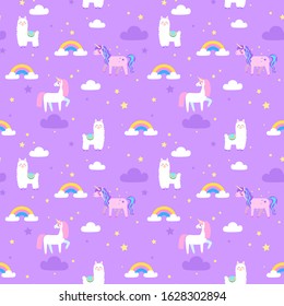 Cute unicorns and llama. Rainbow and stars. Seamless vector pattern.