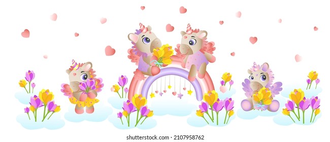Cute unicorns in love sitting on the clouds and a magical flower meadow of crocuses. Vector illustration in cartoon childish style