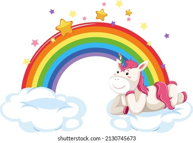 Cute unicorns lying on a cloud with rainbow  illustration