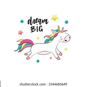 Cute unicorns magic design with hand lettering quotes. Vector illustration for card, poster, t-shirt, invitation, banner template.