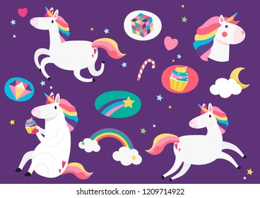 Cute unicorns with magic element stickers vector