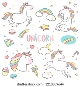 Cute unicorns with magic element stickers vector