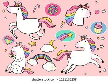 Unicornios cortos con adhesivos de elementos mágicos vectoriales