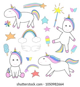 Cute unicorns and magic stuff set. Cartoon fairy tale elements collection