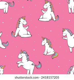 cute unicorns nursery seamless pattern with carftoon elements on pink background for wallpaper, textile prints, nursery decor, apparel, wrapping paper, etc. EPS 10