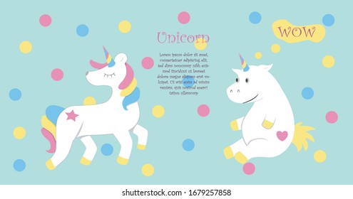 Cute unicorns on blue background. Right unicorn is fall in love with left unicorn. Colorful vector illustration.