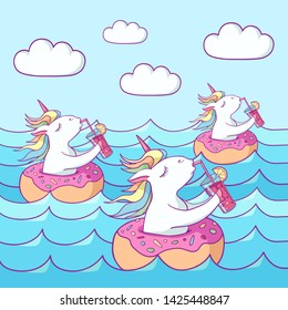 Cute unicorns on donut swimming ring. Summer time. Magic unicorn drinking a cocktail, swims in the sea . Cartoon flat style illustration. Template for printing, sticker, texture, wallpaper, postcard.