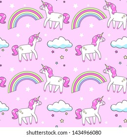 
Cute unicorns on a pink background. Seamless vector pattern