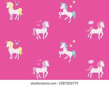 Cute unicorns on pink background, flat illustration