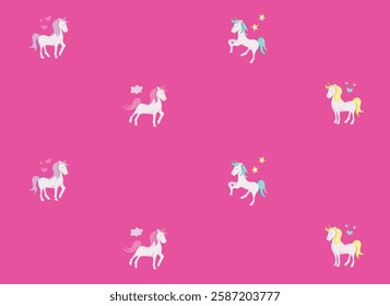 Cute unicorns on pink background, flat illustration